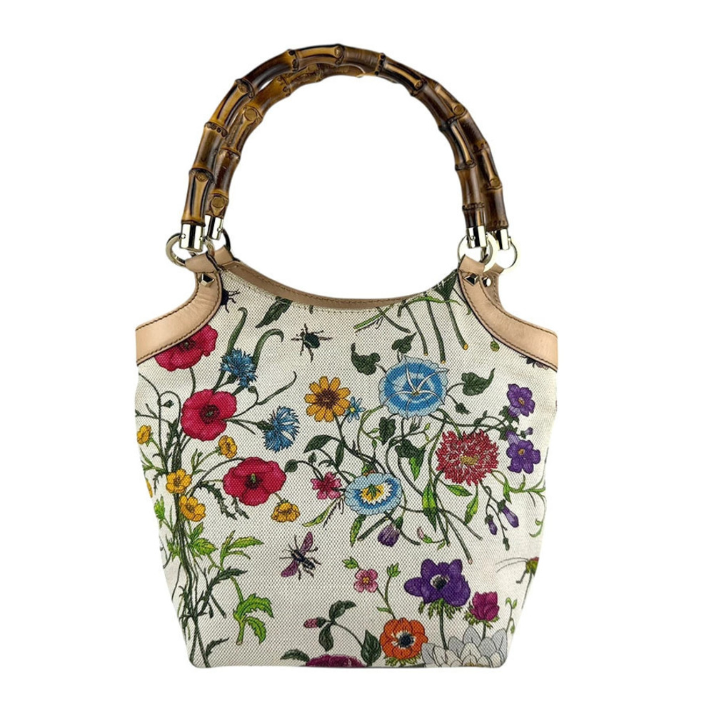 Gucci Flora Flower Bamboo Canvas Multicolor Top Handle Bag Brown
